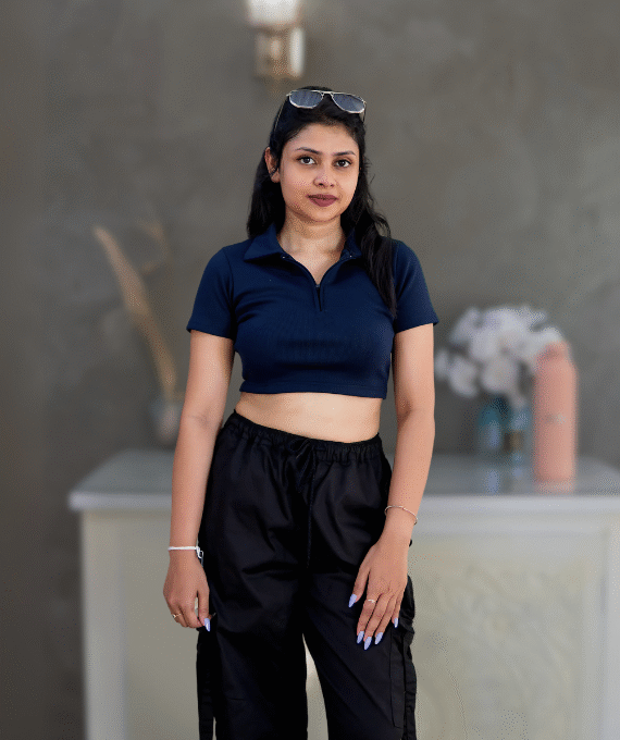 Navy Blue Kara Zipper Collar Crop Top