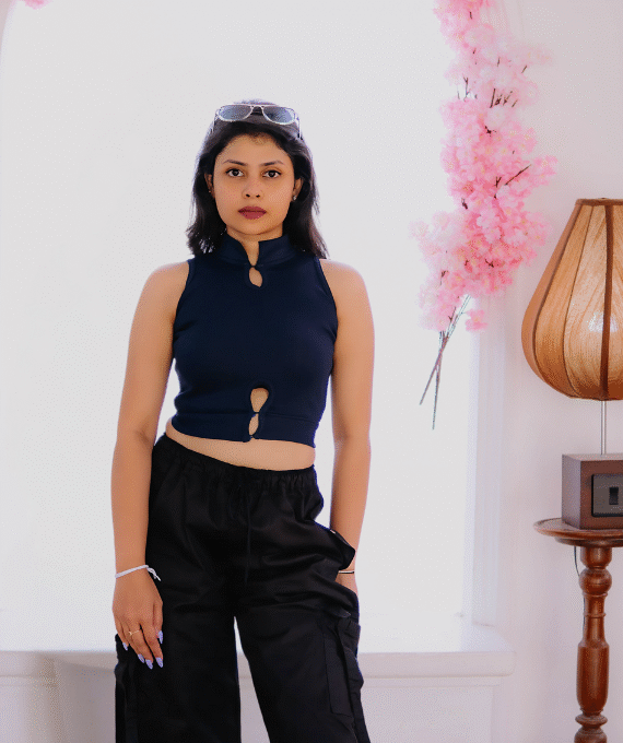 Navy Blue Cutout Ribbed Top